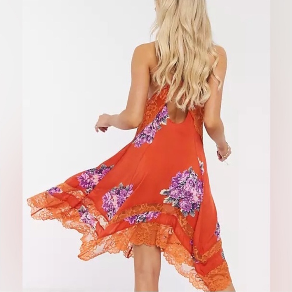 Free People Orange Table For 2 Trapeze Floral Asymmetrical Mini Dress | M - Picture 3 of 9
